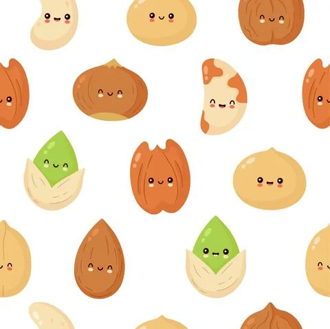 Cute happy nuts seamless pattern. Vector flat cartoon character illustration Stock Illustration