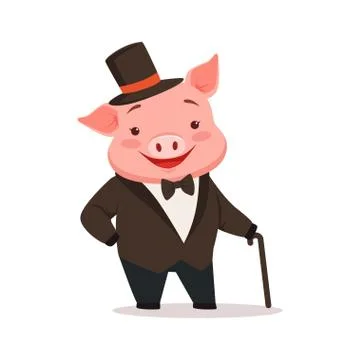 Cute happy pig dressed up in black tuxedo and hat standing with walking stick Stock Illustration