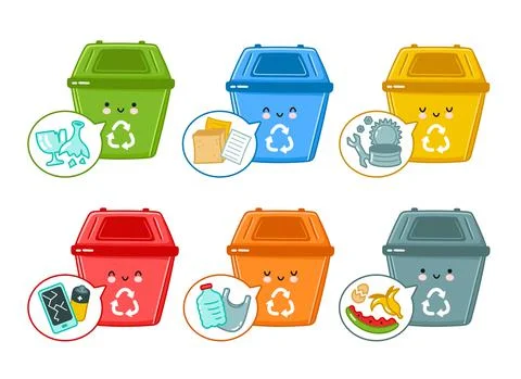 Cute happy plastic containers for garbage of different types set collection Stock Illustration