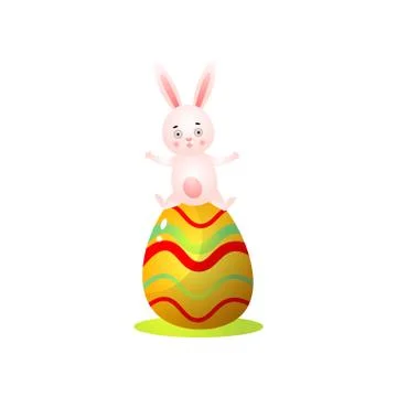 Cute happy red easter rabbit stay on big colorful egg Stock Illustration