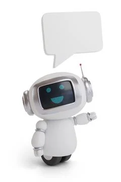 Cute happy robot with speech bubble isolated on white background. 3d illust.. Stock Illustration