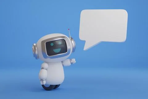 Cute happy robot with speech bubble on blue background. 3d illustration. Stock Illustration
