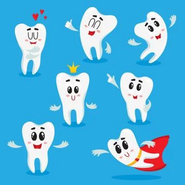 Cute, happy shiny white tooth characters showing various emotions Stock Illustration