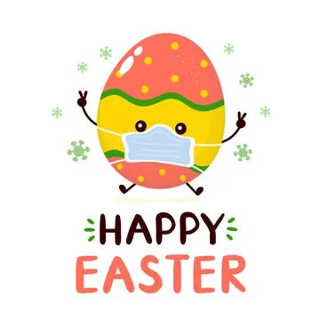 Cute happy smiling easter egg in medical mask character. Happy Easter card Stock Illustration