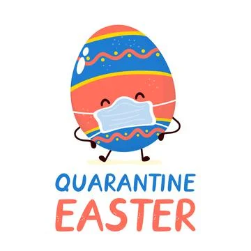 Cute happy smiling easter egg in medical mask character. Happy Easter card Illustrazione stock