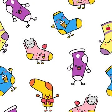 Cute happy sock. Seamless pattern. Stock Illustration