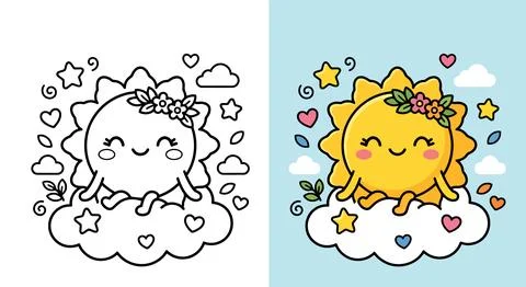 Cute Happy Sun Sitting On Cloud With Flowers Coloring Page For Kids Ilustración de archivo