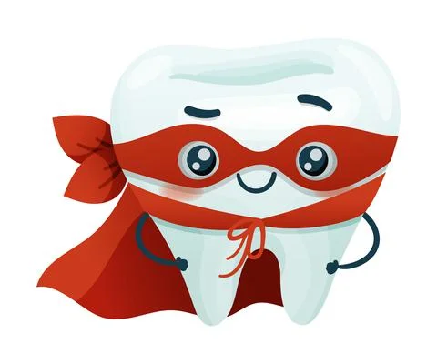 Cute happy tooth superhero character in red cape and mask. Oral care, mouth Stock Illustration