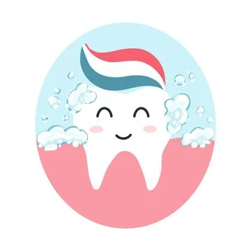Cute happy tooth with toothpaste in cartoon flat style. Vector illustration of Stock Illustration