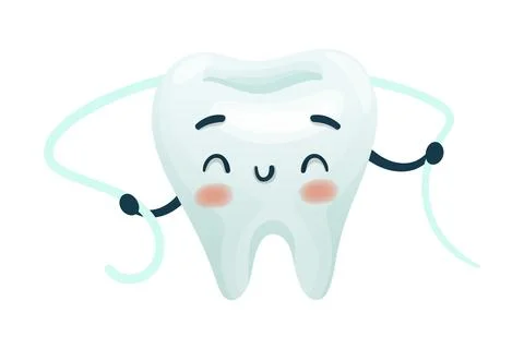 Cute happy tooth using dental floss. Oral care, mouth hygiene, teeth restoration Stock Illustration