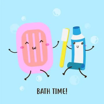 Cute happy toothpaste and soap bath time vector design Stock Illustration