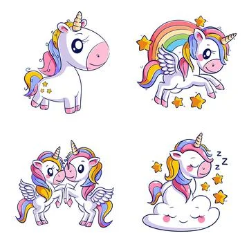 Cute happy unicorn, hand drawn style set Stock Illustration