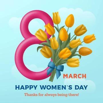 Cute Happy Womens Day background with figure eight and bouquet of tulips Stock Illustration