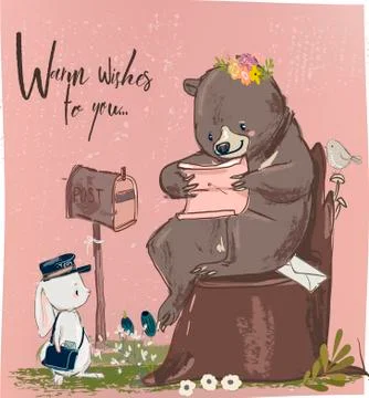 Cute hare and bear with letter Illustrazione stock