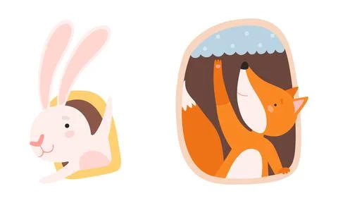Cute Hare and Fox Looking Out of Window in Their Cosy Burrow Vector Set Stock Illustration