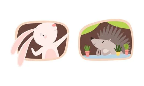 Cute Hare and Hedgehog Looking Out of Window in Their Cosy Burrow Vector Set Stock Illustration