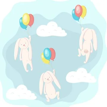 Cute hare and rabbit flying in the sky on balloons Stock Illustration
