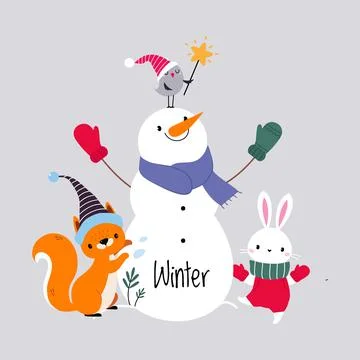 Cute Hare and Squirrel Animal with Snowman Wearing Scarf Enjoying Winter Season Stock Illustration