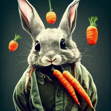 Cute hare with carrots. Stock Illustration