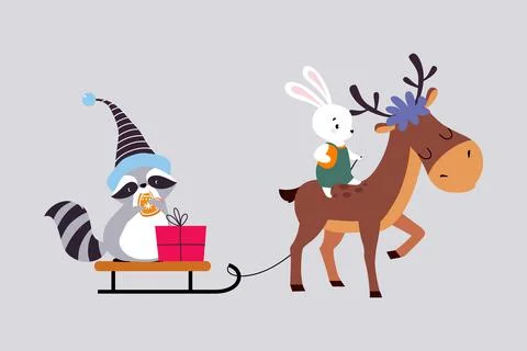 Cute Hare on Deer Pulling Sledge with Raccoon and Gift Box Enjoying Winter Stock Illustration