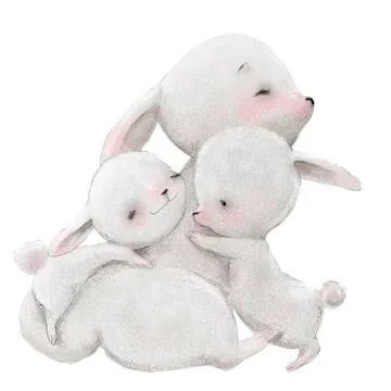 Cute hare mom with her hare kids Stock Illustration