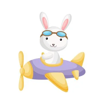Cute hare pilot wearing aviator goggles flying an airplane. Stock Illustration