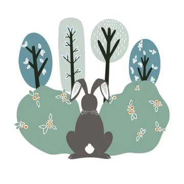 Cute hare, rabbit on the background of plants. Hand drawn illustration Stock Illustration