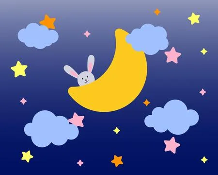 A cute hare is sitting on a crescent moon. Cartoon character for invitation,  Stock Illustration