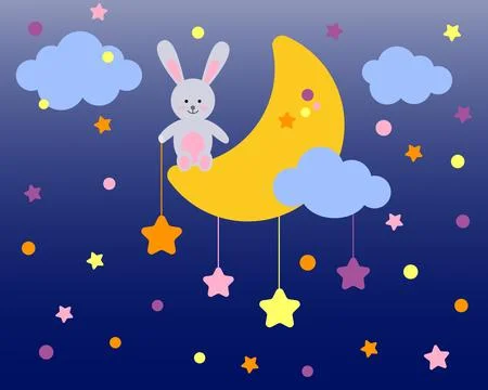 A cute hare is sitting on a crescent moon. Cartoon character for invitation.. Stock Illustration