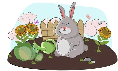 A cute hare waters cabbage in his garden and admires Stock Illustration