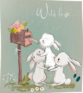 Cute hares with letter Stock Illustration