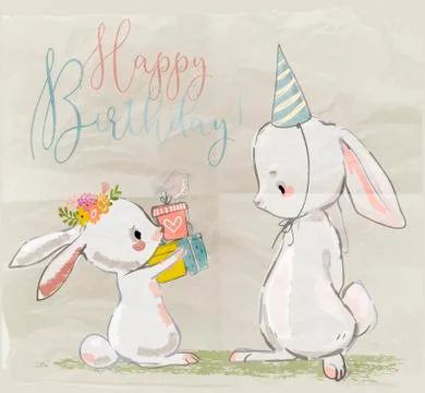Cute hares with present box Stock Illustration