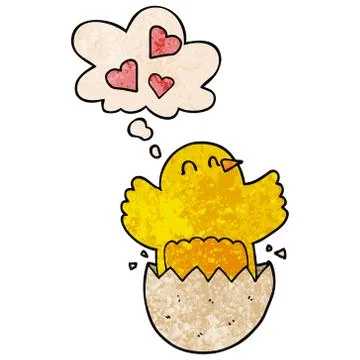 Cute hatching chick cartoon and thought bubble in grunge texture pattern styl 스톡 일러스트