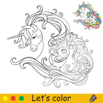 Cute head of two unicorns in profile coloring vector Stock Illustration