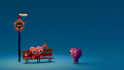 Cute Heart Characters at a Bus Stop at Night イラスト素材