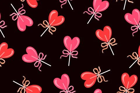 Cute heart lollipop seamless pattern with sweet bows for valentines Stock Illustration