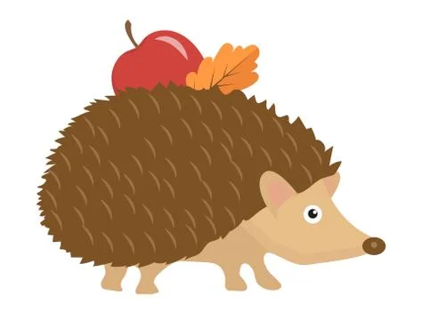 Cute hedgehog with apple and leaf on thorns, icon flat or cartoon style. Isol Stock Illustration