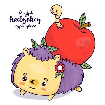 Cute hedgehog with big apple with worm. Vector illustration. Funny cartoon Stock Illustration