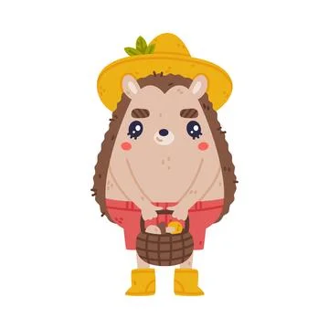 Cute Hedgehog Character in Hat and Shorts Hold Basket with Mushroom Vector Stock Illustration