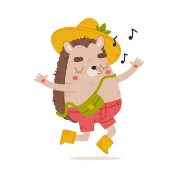 Cute Hedgehog Character in Hat and Shorts Jump and Sing Vector Illustration Stock Illustration
