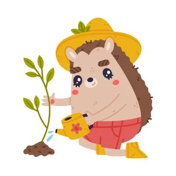 Cute Hedgehog Character in Hat and Shorts Water Plant Vector Illustration Stock Illustration