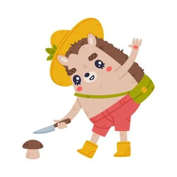 Cute Hedgehog Character in Hat and Shorts Picking Mushrooms Vector Illustration Stock Illustration