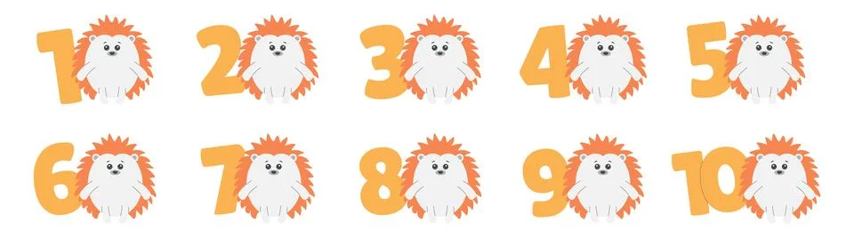Cute Hedgehog character, numbers vector set. Beautiful elements for Kids Bi.. Illustrazione stock