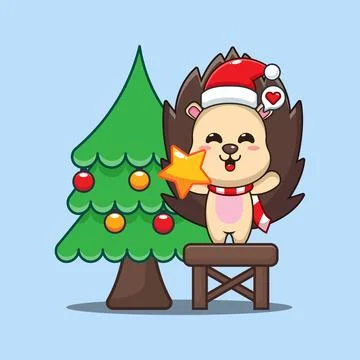 Cute hedgehog decorating the Christmas tree on Christmas day. Stock Illustration