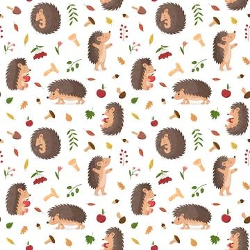 Cute hedgehog, fall leaves pattern. Vintage autumn nature texture, love paper Stock Illustration