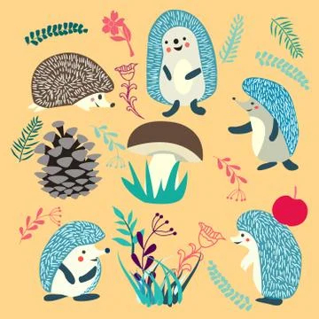 Cute Hedgehog forest animals set Stock Illustration