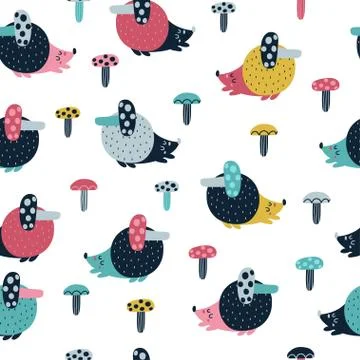 Cute hedgehog with mushroom seamless pattern. Forest background Stock Illustration