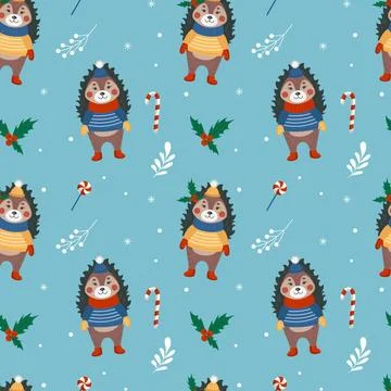 Cute hedgehog pattern, winter animal. Baby boy autumn graphic print for chi.. Stock Illustration