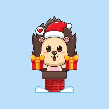 Cute hedgehog with santa hat holding Christmas gift box in the chimney. Stock Illustration