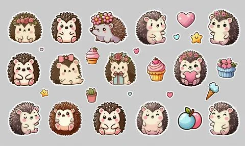 Cute hedgehog sticker set. Vector isolated holiday kawaii animal characters. Stock Illustration